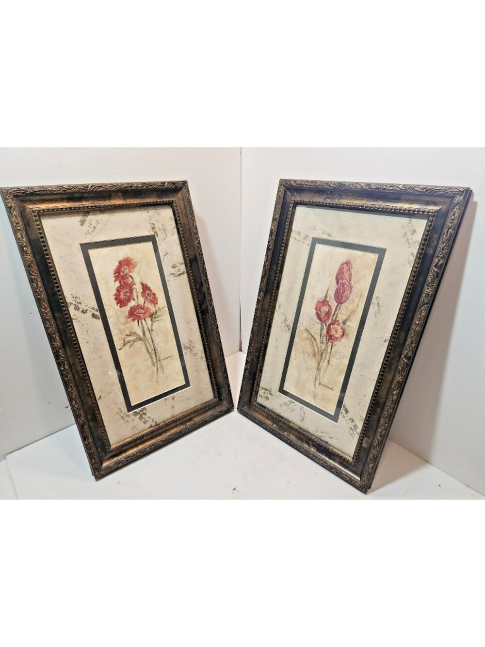 Set of 2 Framed and Matted Floral Prints 16" Long by 10.5" Wide Red Florals Tan